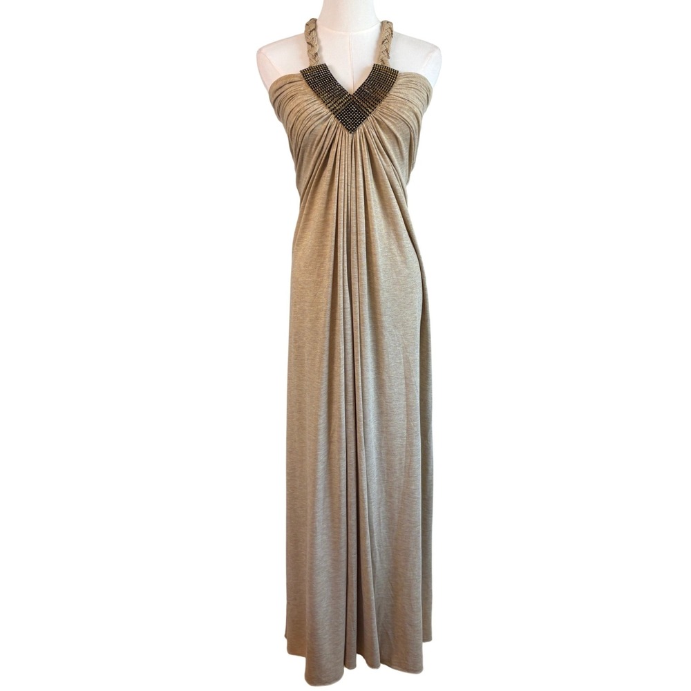 Sky Goddess Maxi Dress Gold Womens S Braided T-Back Beaded V-Neck Metallic Gown